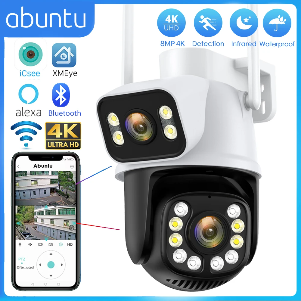 8MP 4K Wifi Camera Dual Lens Dual Screen Outdoor Security Night Vision Video Surveillance Camera