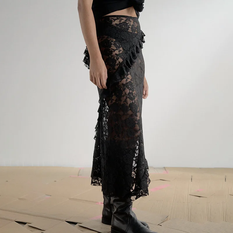 

VOLALO Sexy See Through Lace Women Skirt Black High Waist Floral Y2k Skirt Femme Summer Casual Vacation Outside Streetwear 2024