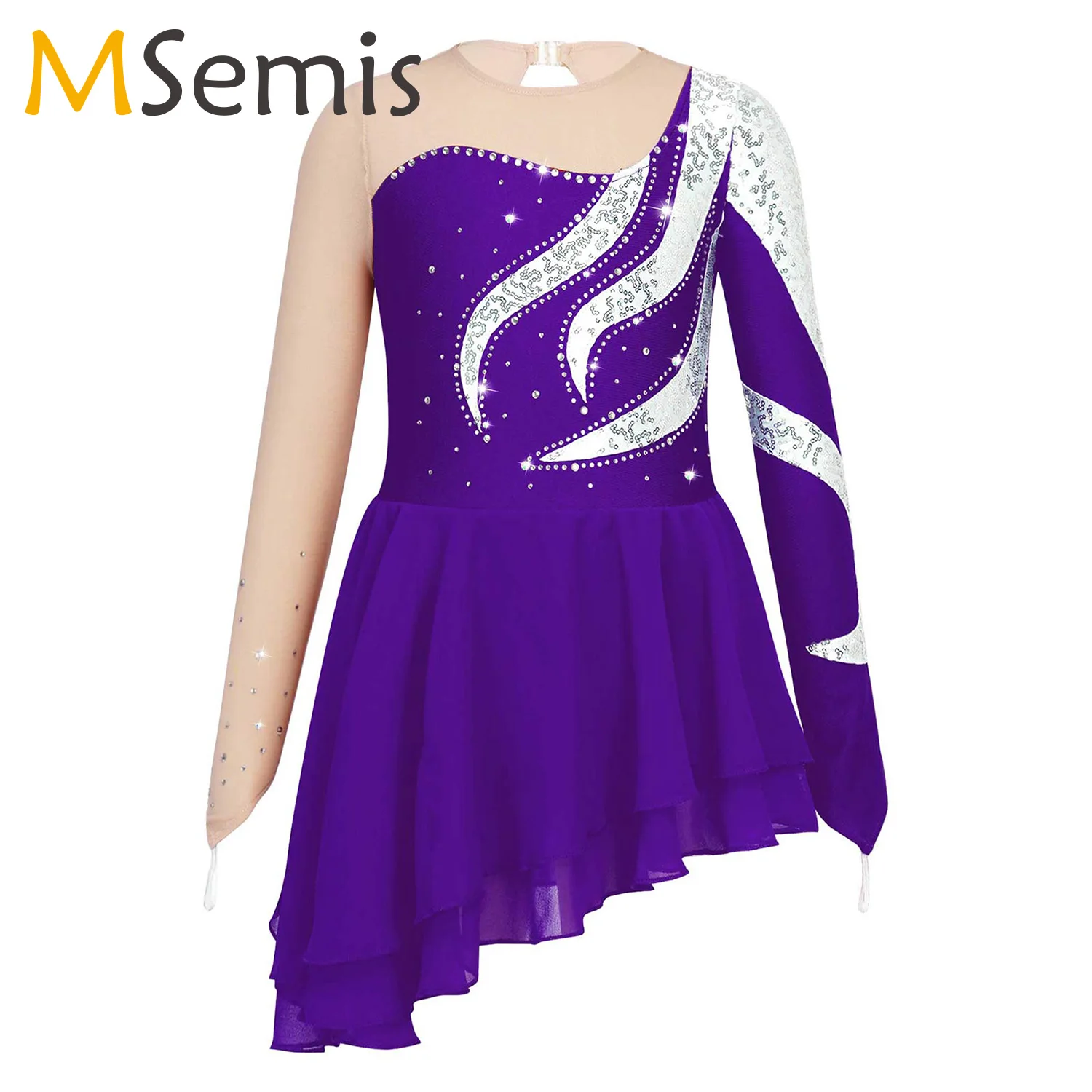 

Shiny Sequins Figure Skating Dress Kids Girls Ballet Gymnastics Leotard Mesh Splice Chiffon Ballerina Dance Competition Costumes