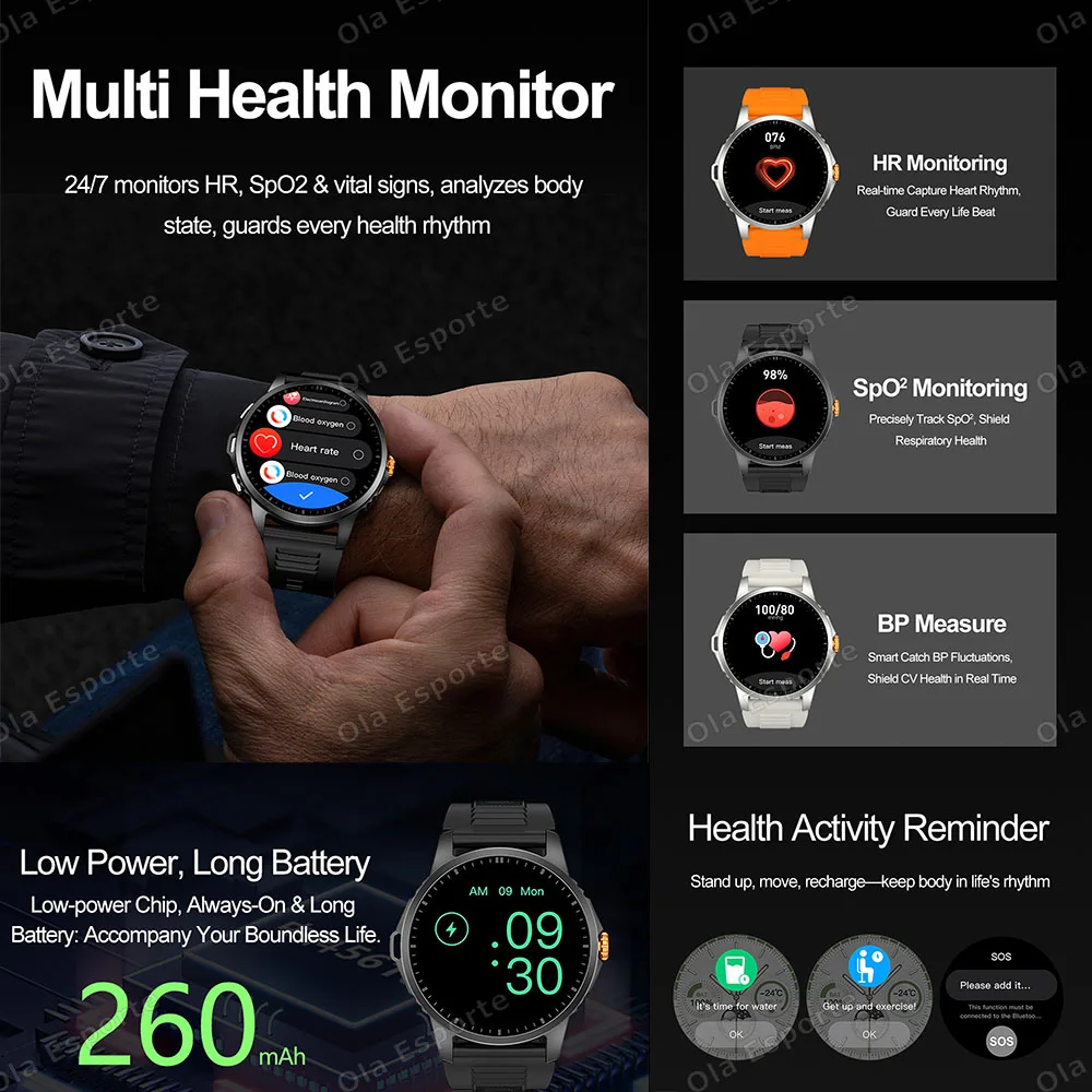New Outdoor Dual Flashlights Smart Watch Men Bluetooth Call Heat Rate Health Monitor Watches Waterproof Fitness Sport Smartwatch