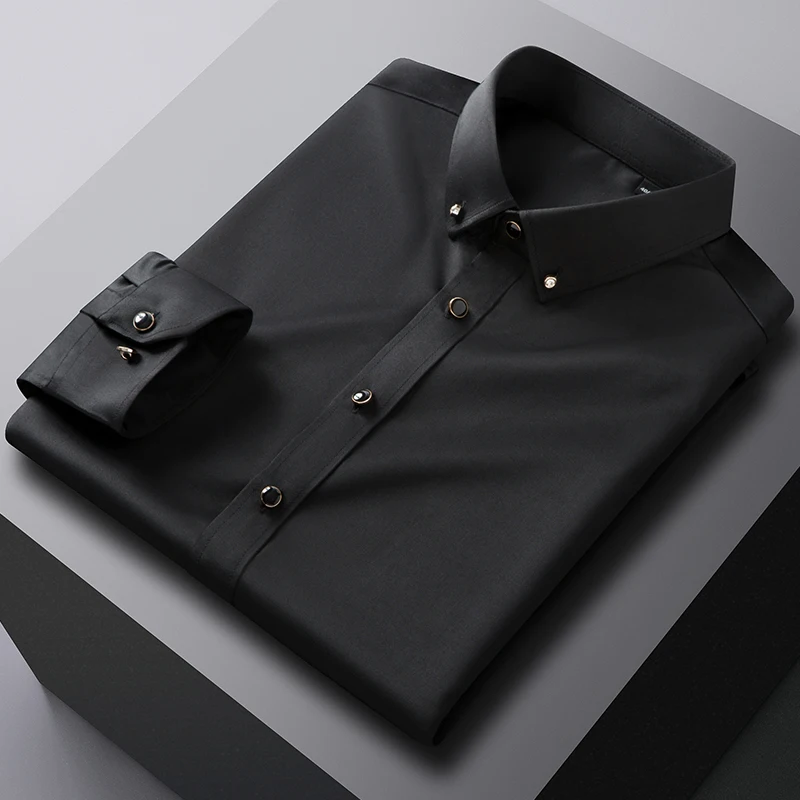 New in shirt Drill buckle long-sleeve shirts for men slim fit formal plain shirt elastic solid Party clothes elegant white tops