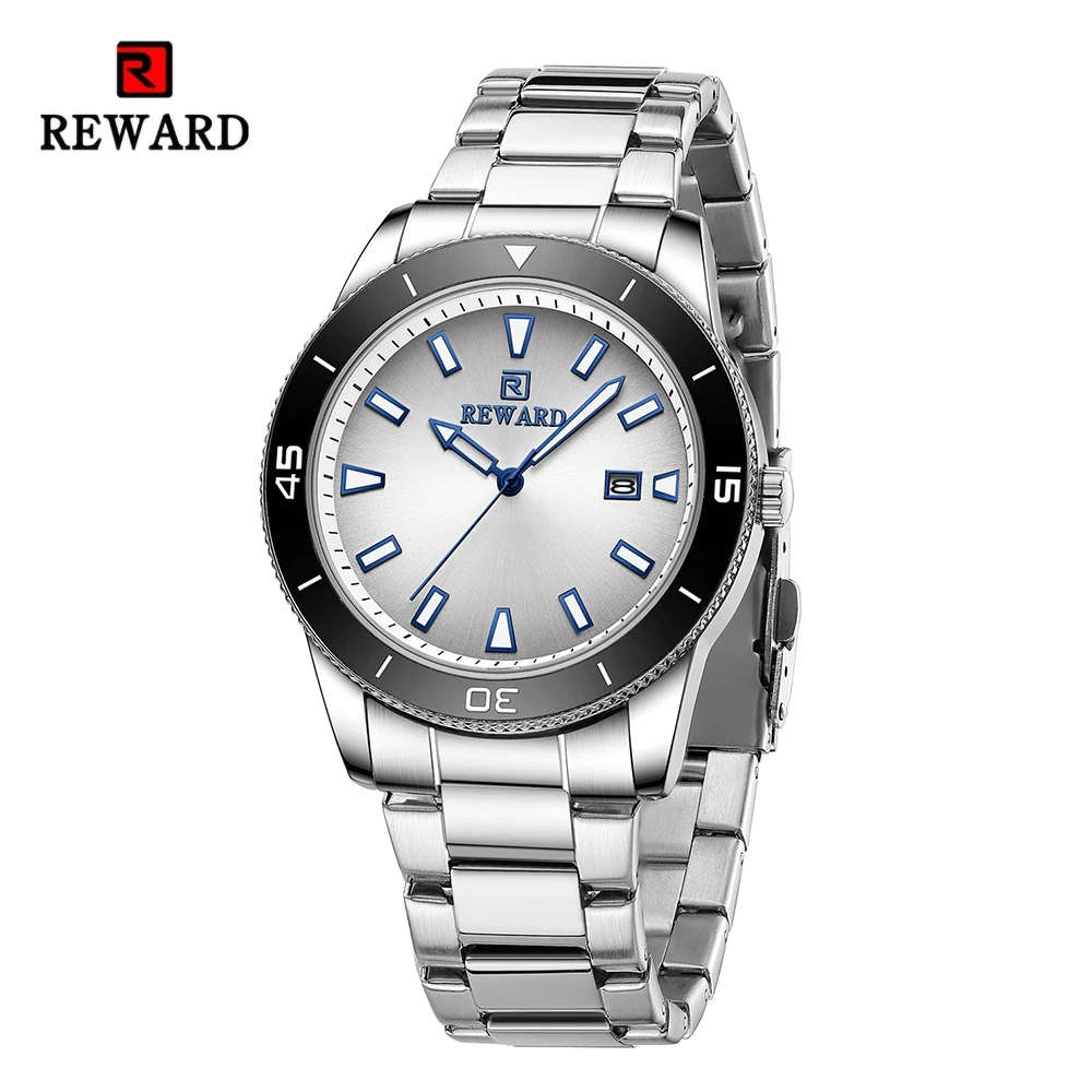 

REWARD Business Mens Watches Silver Stainless Japan Movement Fashion Quartz Wrist Watch for Men Waterproof Luminous with Date