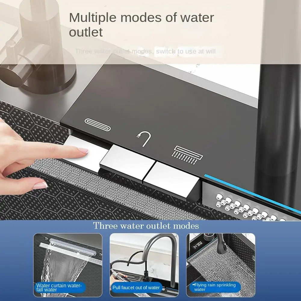 Stainless Steel Smart Waterfall Kitchen Sink Single Bowl Digital Display Honeycomb Nano Modern Workstation Sink with Pull Down F
