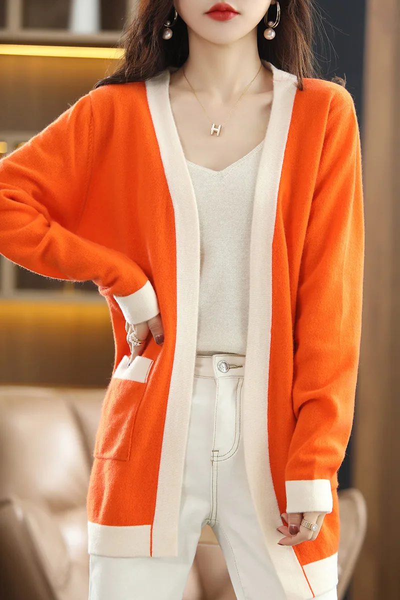 

Женский трикотажный кардиган средней длины, Повседневный шерстяной кардиган с V-образным вырезом и блокировкой цветов, весна 2022