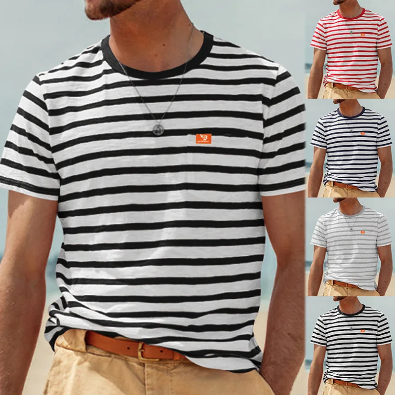 

2024 Summer New Striped T-shirt Men's Casual Fashion Comfortable Breathable Embroidery Round Neck Short Sleeve Men's Clothing