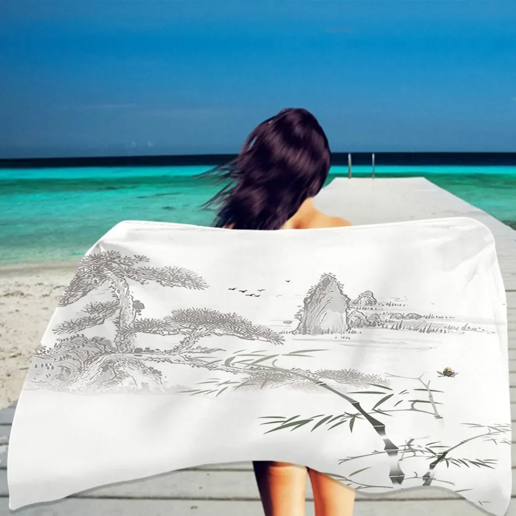 Plum Blossom Flower Beach Towel Microfiber Quick Dry Towel Ink Painting Summer Rectangular Absorbent Home Decor for Women