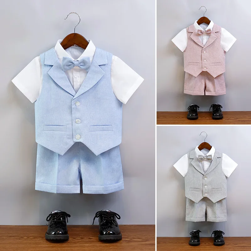 

Boy Child Wedding Suit Summer New Host Piano Performance Formal Dress Costume for Kids Short-sleeved Vest Shorts Blazer Outfits