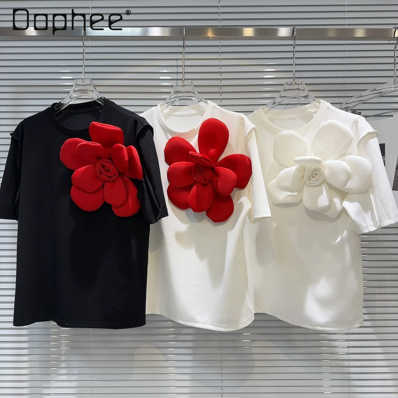 

2024 Summer New Three-Dimensional Flower Contrast Color Half Sleeve Short Sleeve T-shirt Round Neck Cotton Top Women Clothing