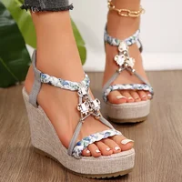 Metal Decoration Wedge Heel Sandals for Women 2025 Summer Chunky Platform Sandals Woman Thick Bottom Printed Bohemian Sandalias - Image 5