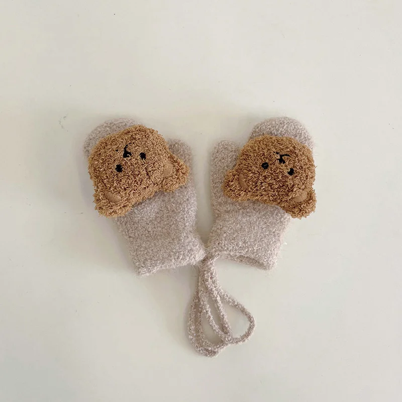 Korean Bear Baby Gloves Winter Hanging Neck Boy Girl Thick Warm Fingerless Mittens Outdoor Anti-Cold Kids Anti-Cold Gloves 1-4Y 4