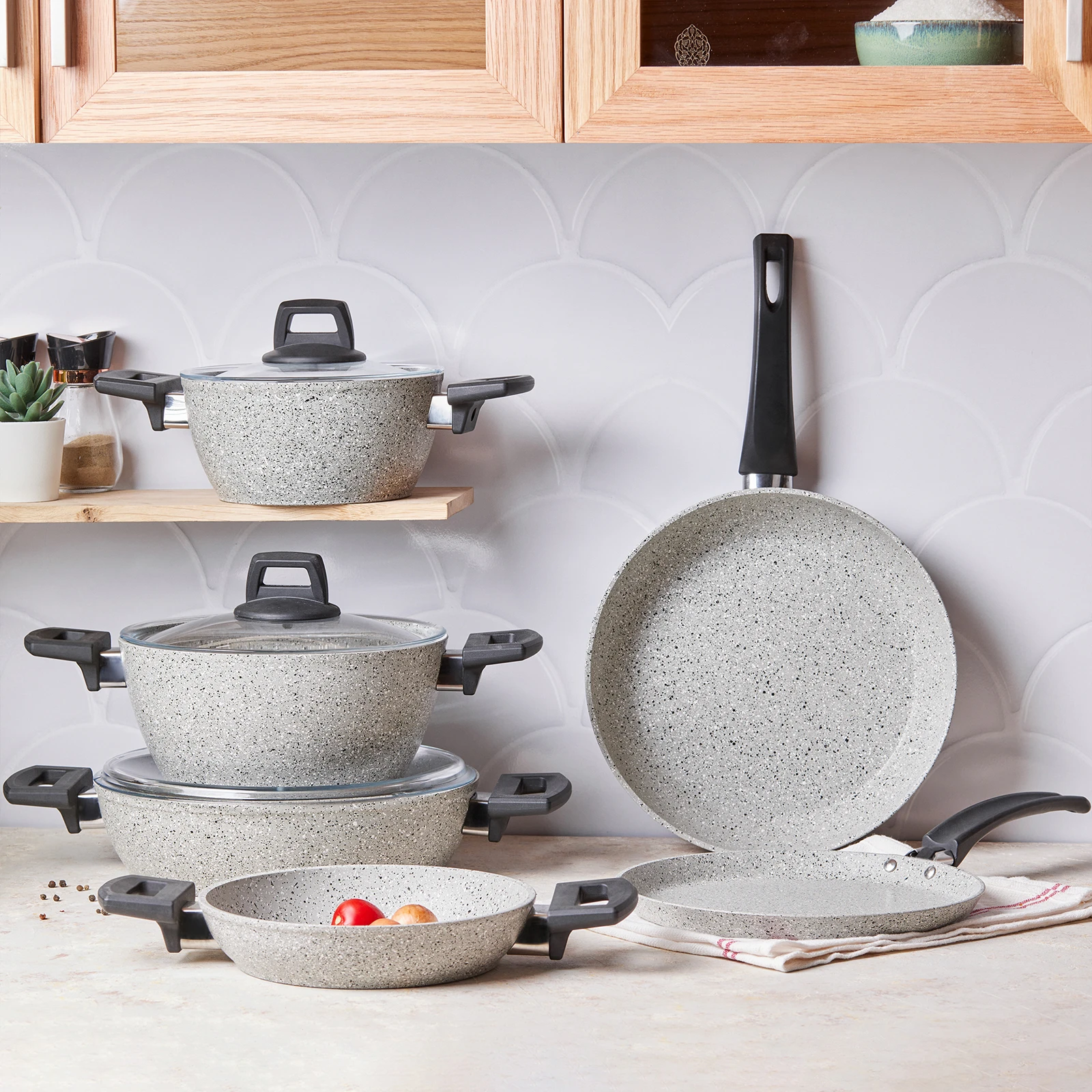 Gray 9 Piece Granite Cookware Set, Nonflammable, Nonstick, Dishwasher