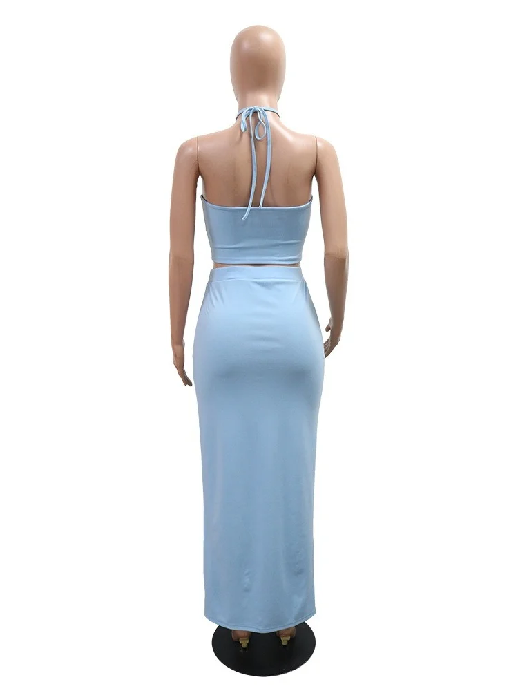 Wmstar 2 Pieces Set for Woman 2025 Wholesale Skirts Sets Sleeveless Solid Summer New Side Opening Ruffle Lace Up Drop Shopping