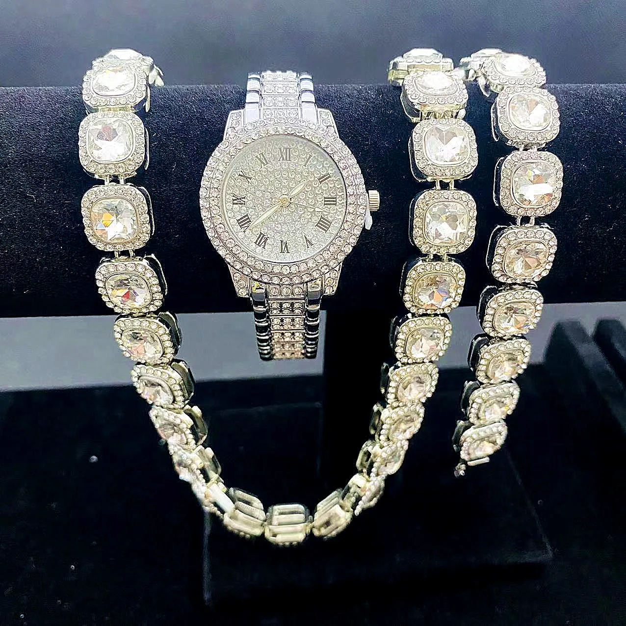 Iced Out Cuban Link Women's Chain Hip Hop Jewelry Watch Choker Silver Color Rhinestone CZ Clasp for Men's Rapper Necklaces Gifts