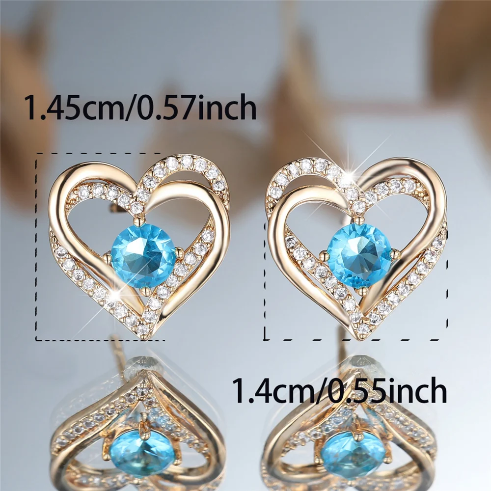 Cute Female Crystal Water Blue Zircon Round Stone Love Heart Stud Earrings Gold Color Wedding Jewelry For Women