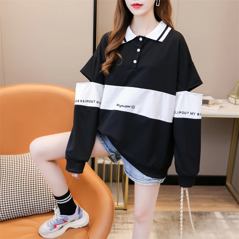 

Spring and Autumn Women's Polo Neck Long Sleeves Loose Contrast Color Hollow Out Pullovers Fashion Casual Commute Tops