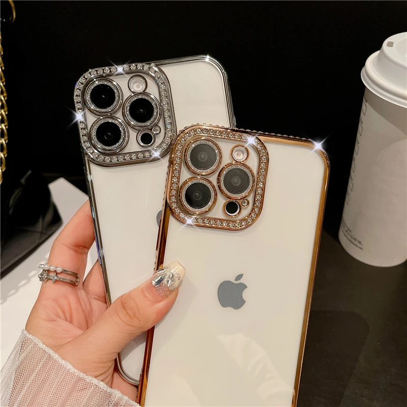 Luxury Plating Flash Diamond Bumper Phone Case with Shiny Rhinestone Lens Cover