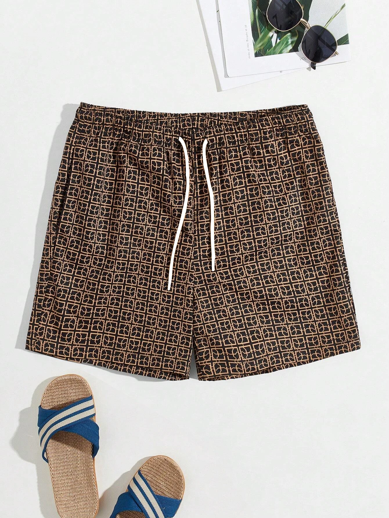 M-Modomio Men Loose Geo Print Drawstring Waist Shorts Men's Beach Pants Dust Proof Shorts Hawaii Unisex Casual