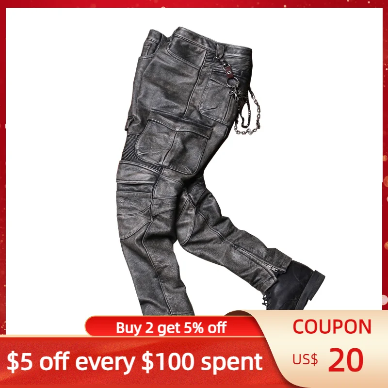 

Мужские байкерские брюки из натуральной воловьей кожи, серые винтажные облегающие мотоциклетные брюки, большие размеры XXXXL, осень 2022