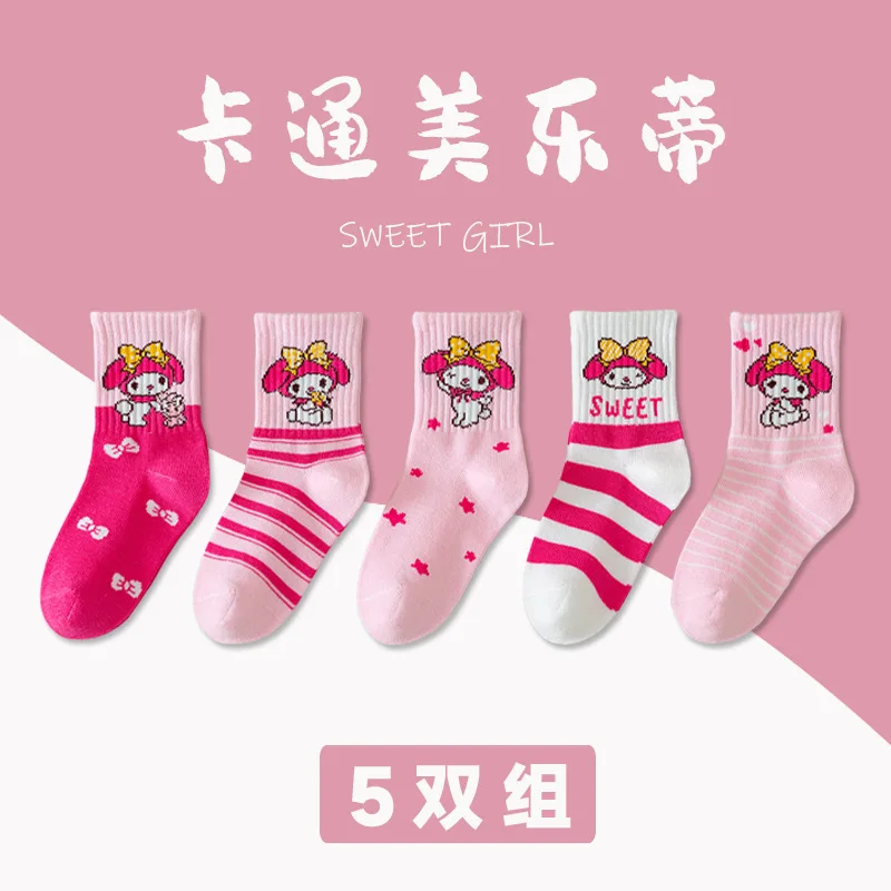 5 Pairs Hello Kitty Kids Socks Kawaii New Summer Cartoon 1-12 Years Old Children Mid-calf Cotton Sock for Girls and Boys Gifts 6