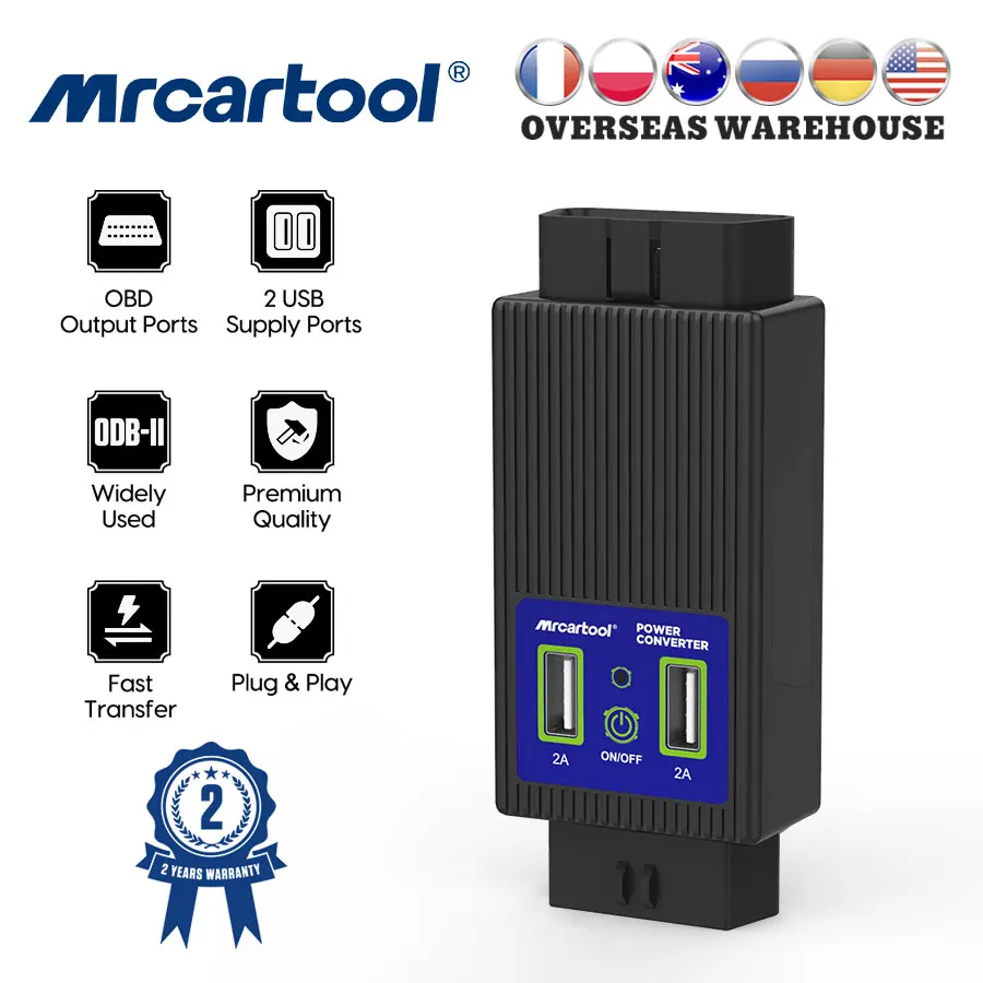Автомобильный адаптер питания MRCARTOOL OBD 12 В, автомобильный адаптер OBD II с выходом, многофункциональный инструмент преобразователя штепсельной вилки с 2 портами USB
