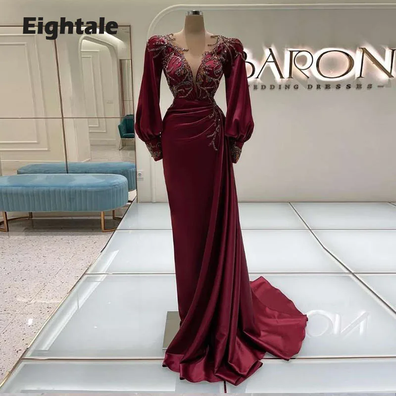 

Eightale Burgundy Evening Dresses Arabic O-Neck Appliques Mermaid Prom Gown Long Puffy Sleeves Satin Celebrity Party Dress