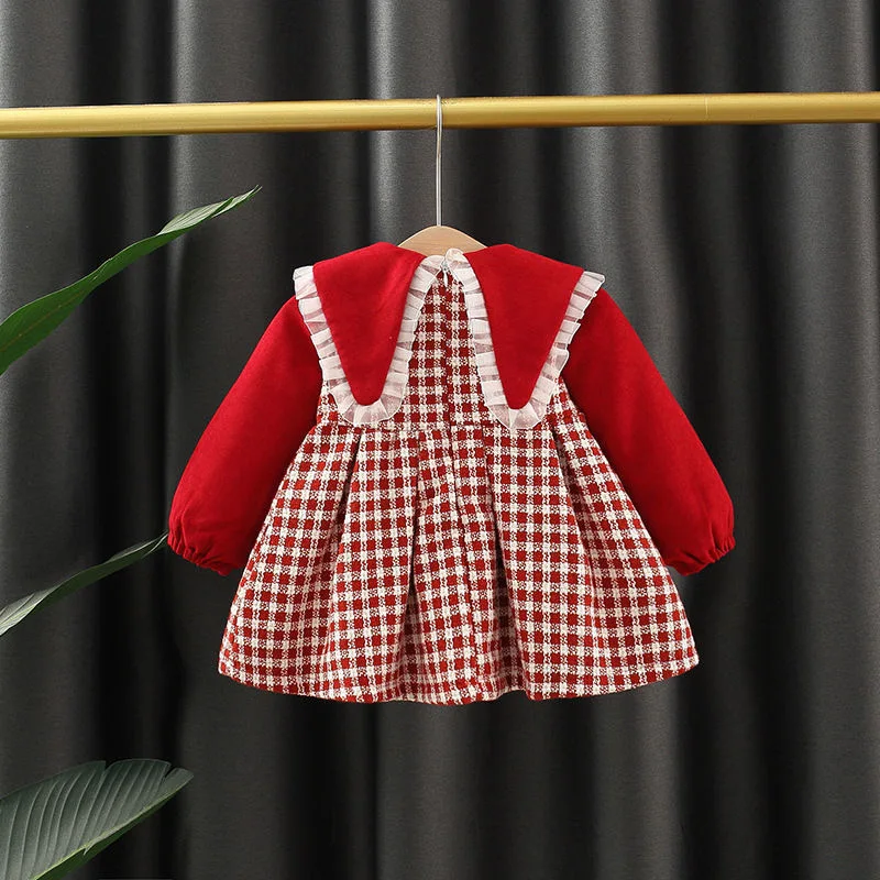 Fall winter newborn baby girls clothes outfits velvet warm bow plaid dress for baby girls clothing 1 year birthday dresses dress