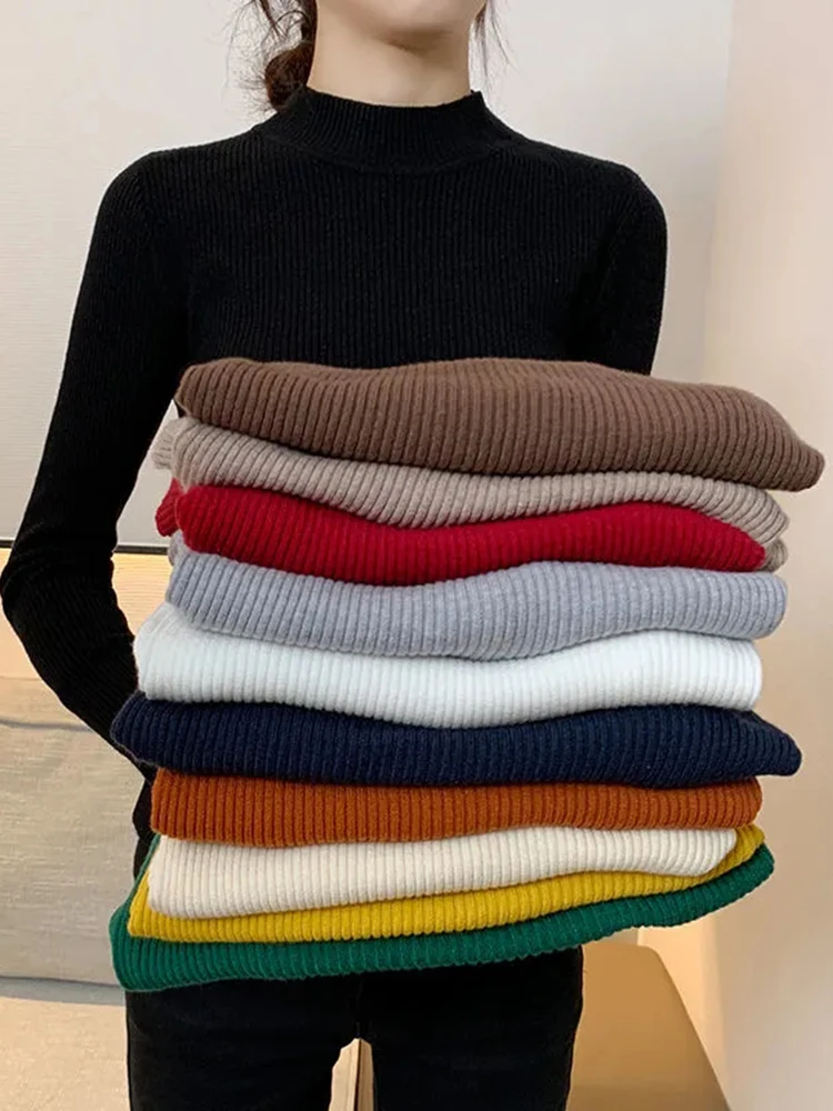 JMPRS Simple Women Sweater Winter Stand Collar Fashion Pullover Elastic  Knit Ladies Jumper Casual Solid Black Female Basic Tops - AliExpress