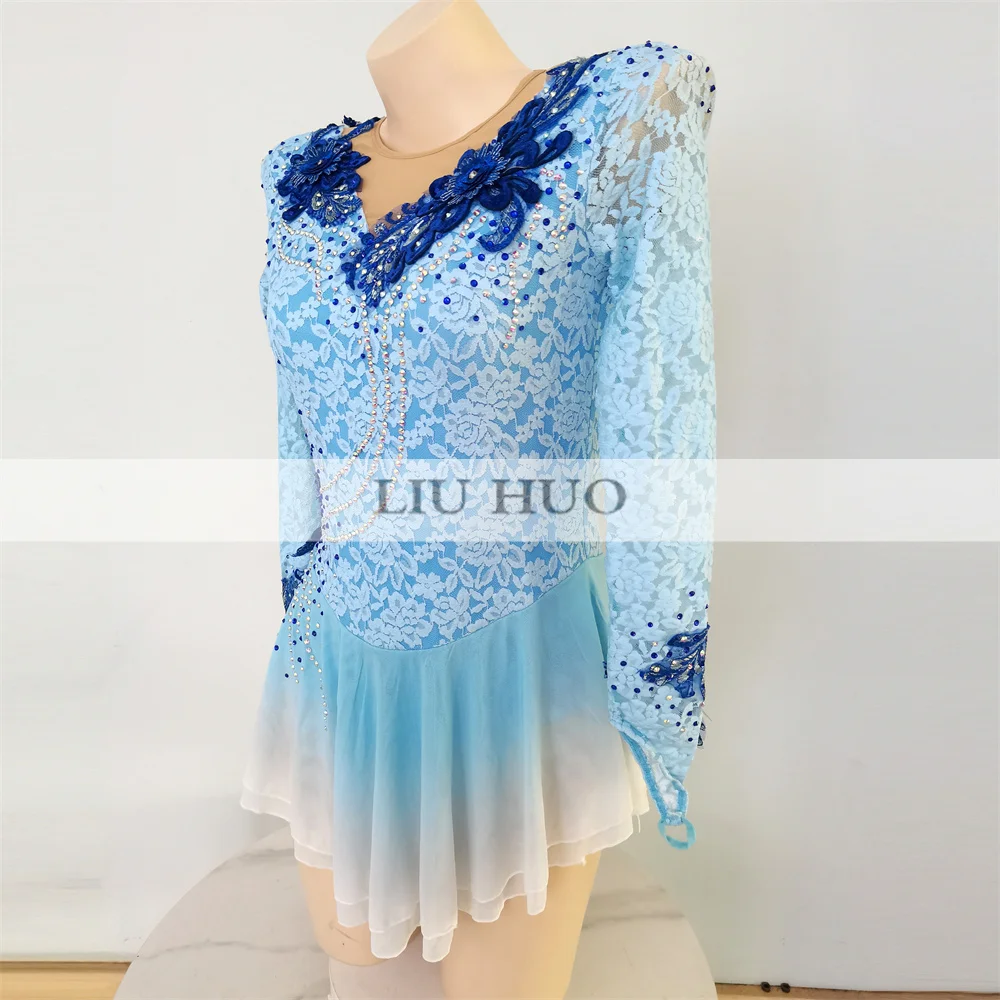 Children Costumes Ice Skating Costume Customize Kids Teens Roller Figure Skating Dress Women Girls Ice Performance Blue Competition Leotard