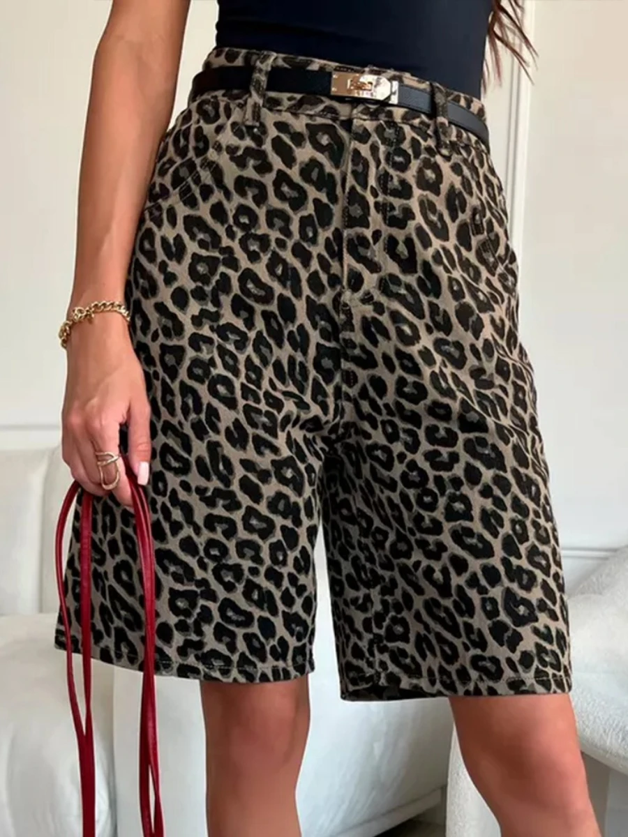 Bornladies 100% Cotton Retro Leopard Print Shorts Women's Fashionable High Waisted Knee Casual Pants Female Pocket Loose Shorts