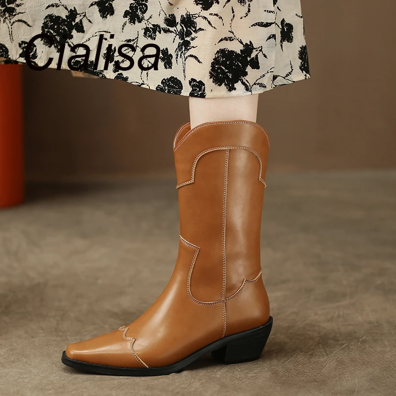 

Cialisa Women's Mid-Calf Boots New Square Toe 2022 Autumn Winter Shoes Fashion Design Zipper 5cm Mid Heel Handmade Western Boots