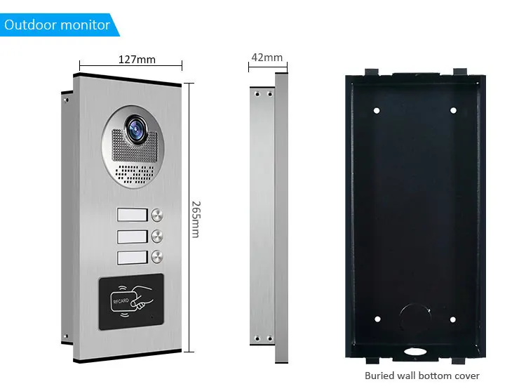 3-family Apartment Intercom Video Doorbell with RFID Card Unlock 7inch 4Wired Vi