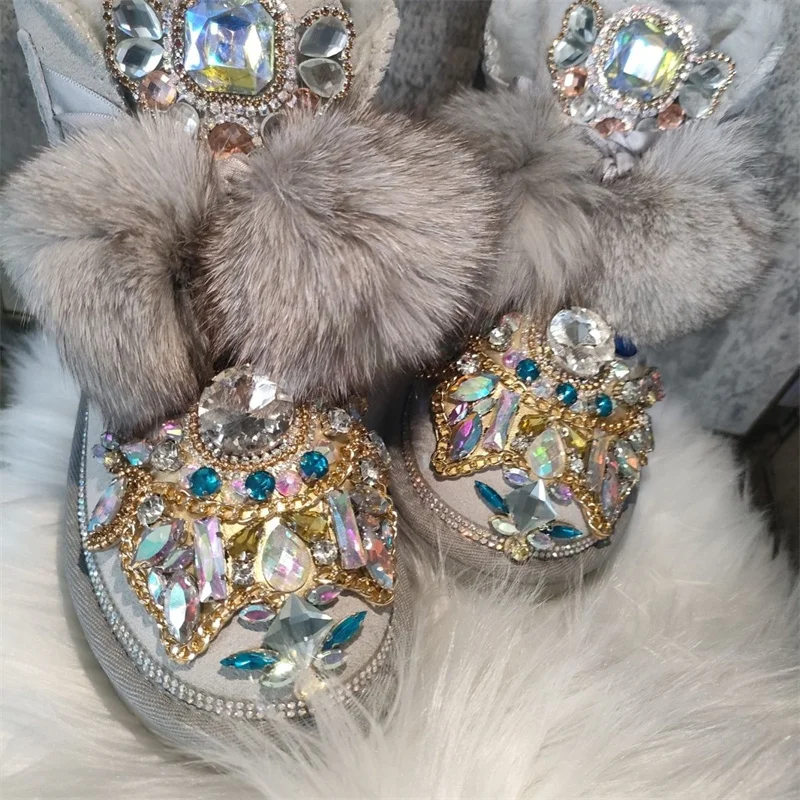 

Dazzle rhindiamonds hand custom fashion and cashmere warm boots all winter casual fur one boot large size 35-39