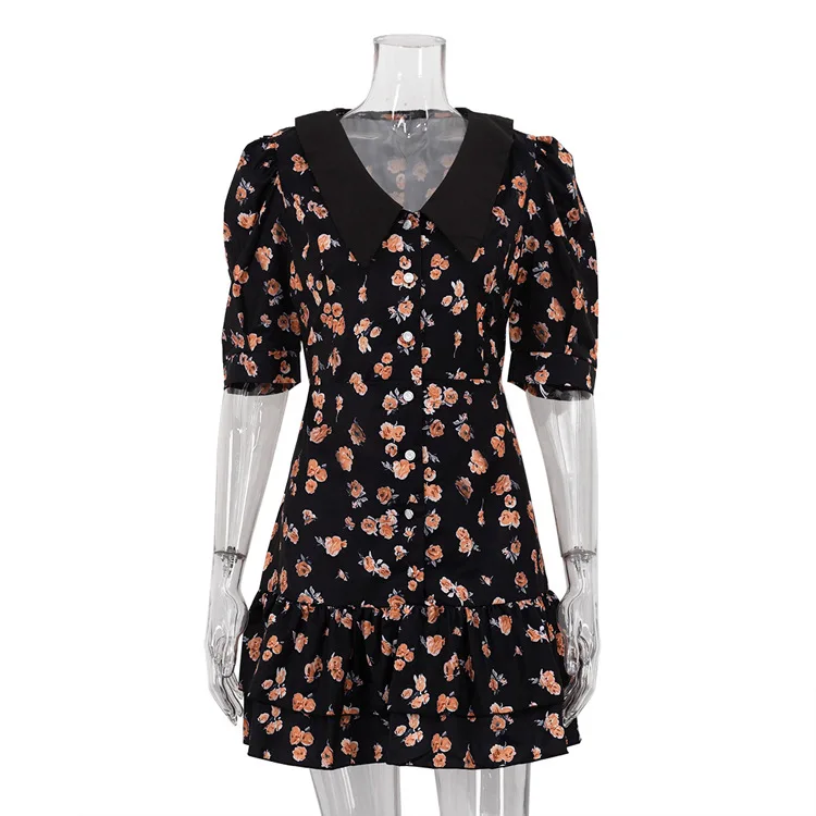 Printed Ruffled V-Neck Mini Dress Female Short Sleeve Fashion Slim High Waist Elegant Party Dress Women's Summer Dress New