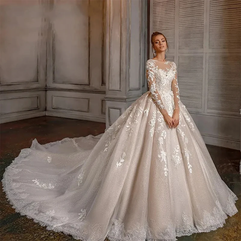 

Exquisite Sheer O-Neck Wedding Dresses Elegant Lace Appliques Bridal Gown Ball Gown Cathedral Train Vestidos De Novia