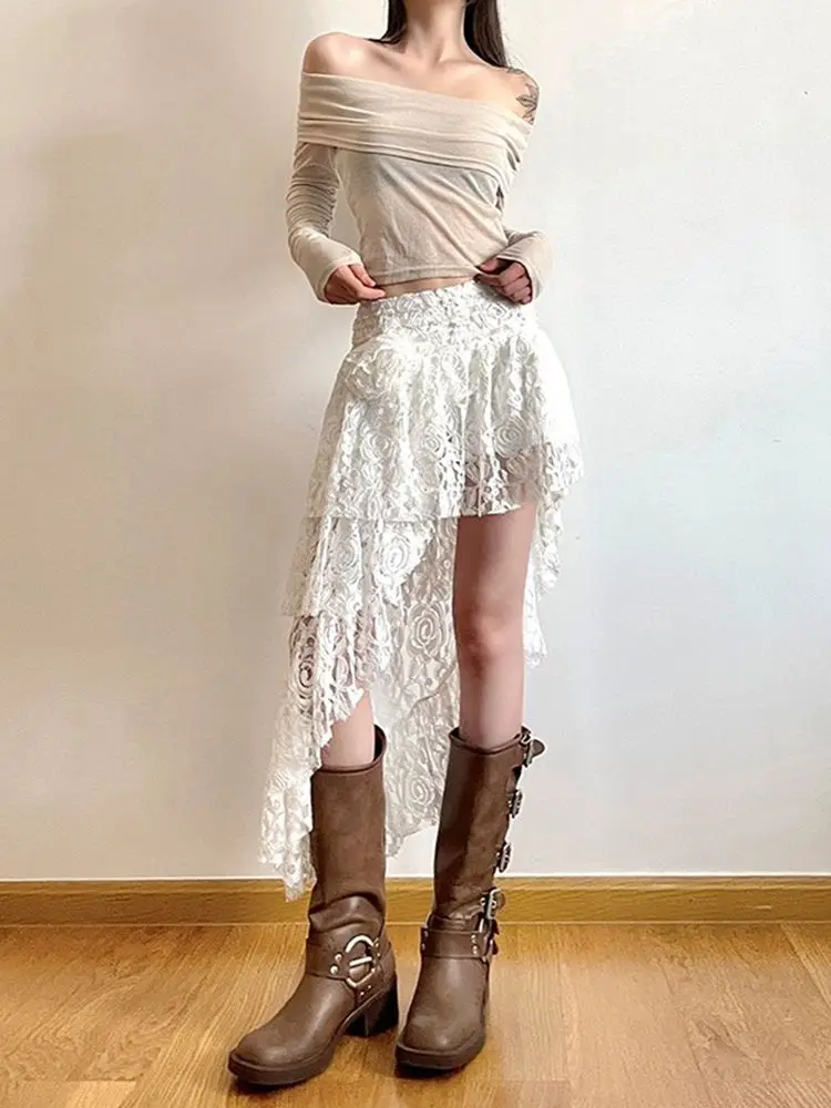 

Skirt Lace Crochet Irregular Streetwear Sweet Y2k Aesthetic 3D Flower High Waist Skirt Ruffled Women Fairy Sexy Harajuku Falda