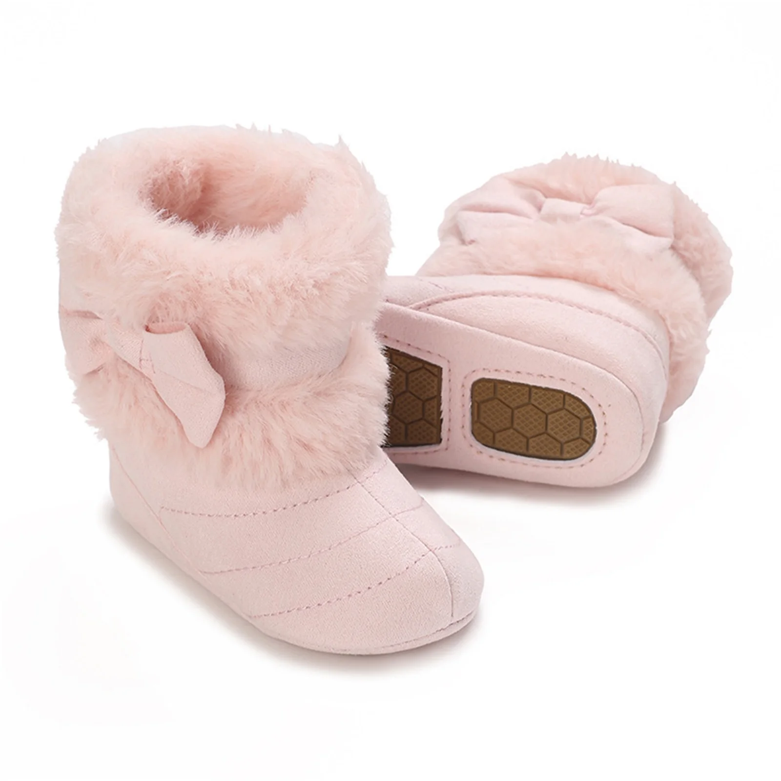 Baby Boots Girls Winter Snow Boots Cute Bowknot Fuzzy Crib Shoes Infant Warm First Walker with Non-Skid Soles