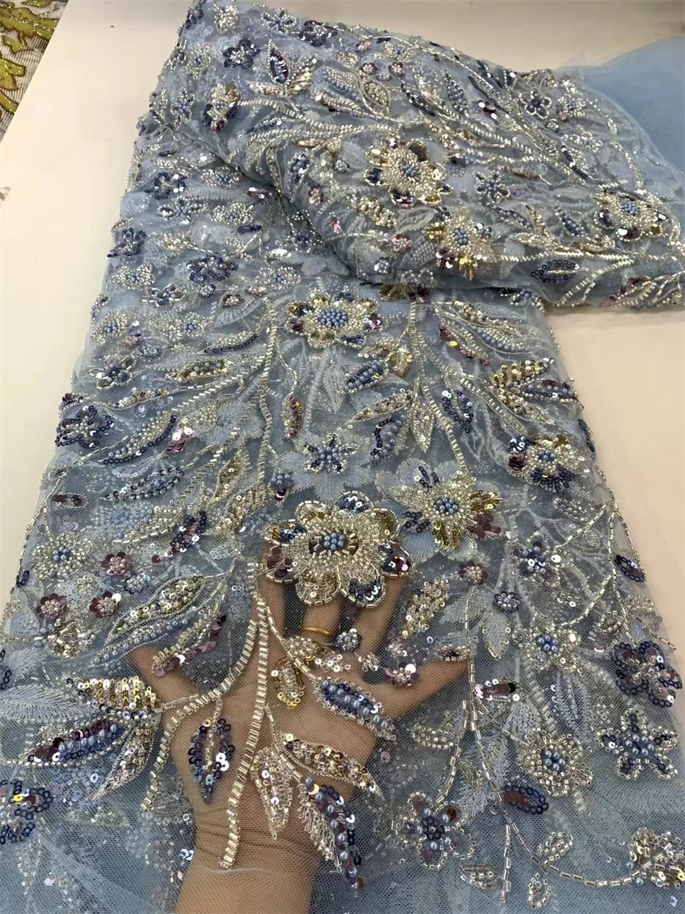 Luxury fabric High Quality French beads Sequin Lace Fabric African Groom Lace Fabric 5 Yards For Nigeria Wedding Party Dress