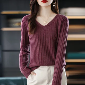 New Solid Color V Neck Knitted Sweater Temperament Fashion Long Sleeve Woman Slimming Pullovers Comfortable Soft Warm Tops 1