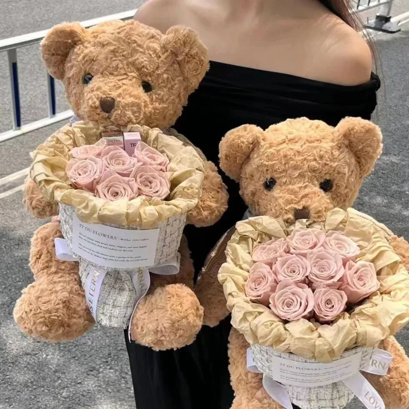 RomanticValentineFlowerBearSetRoseBouquetCuteTeddysBearDoll