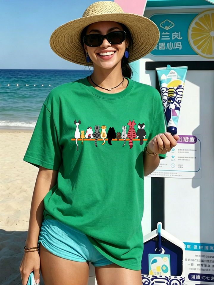 Nine Cats Sitting In A Row Printed T-Shirts Womens Cotton Summer Oversized Tops O-Neck Short Sleeve T Shirts Street Soft Clothes