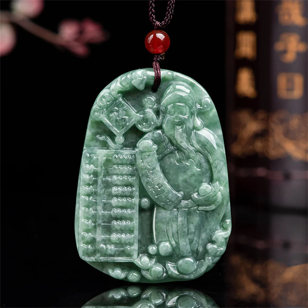 

Natural Green Jadeite Hand Carved Abacus God of Wealth Pendant Amulet Necklace Certificate Luxury Jade Vintage Jewelry Gifts