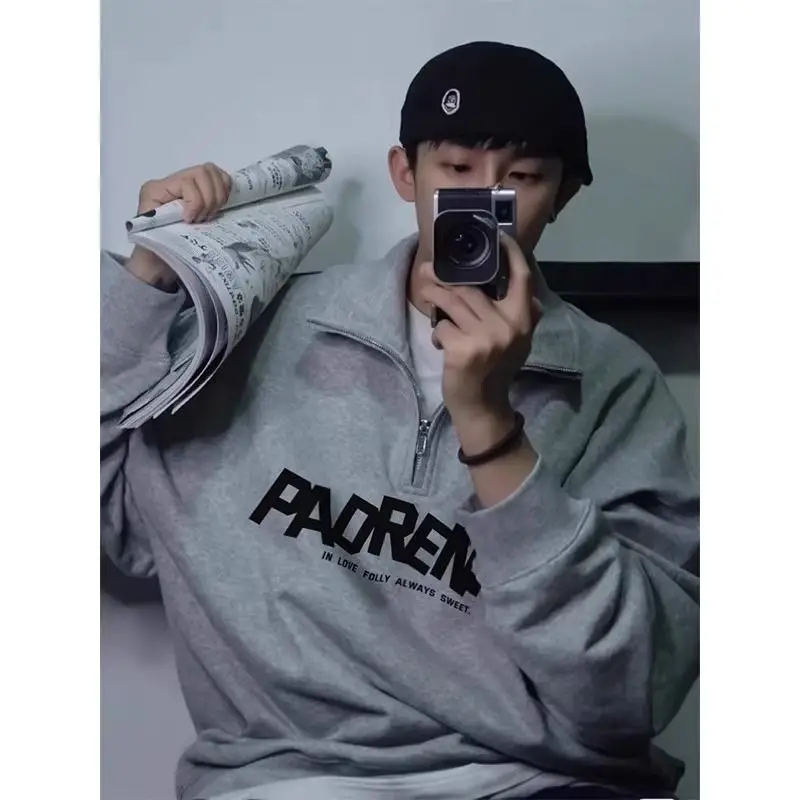 

Korean style simple letter printed half-zip sweatshirt for men in autumn vibe style versatile loose polo collar casual tops y2k