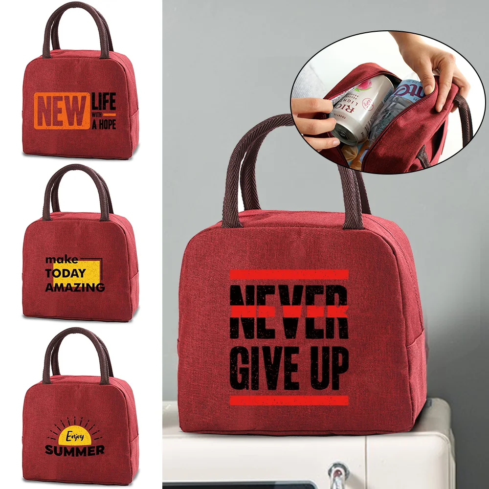 

Lunch Bag Handbag Word Print Women Portable for Work Student Thermal Travel Picnic Food Storage Lunch Box Fridge Cooler Tote Bag