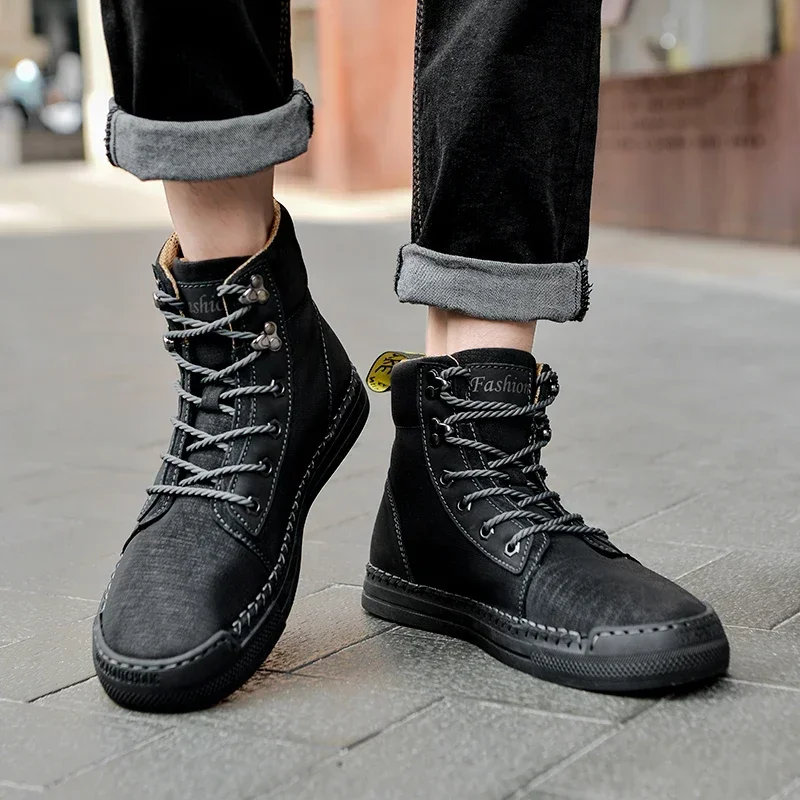 

Мужские кожаные ботинки с высоким берцем, модные мотоциклетные ботильоны в стиле милитари, мужские зимние ботинки, мужская обувь на шнуровке