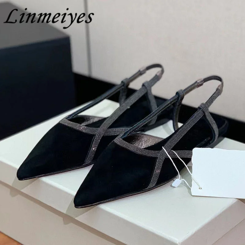 

2024 New String Bead Flat Shoes Women Pointed Toe Shallow Slingbacks Runway Shoes Luxury Quality Suede Leather Walk Shoes Woman