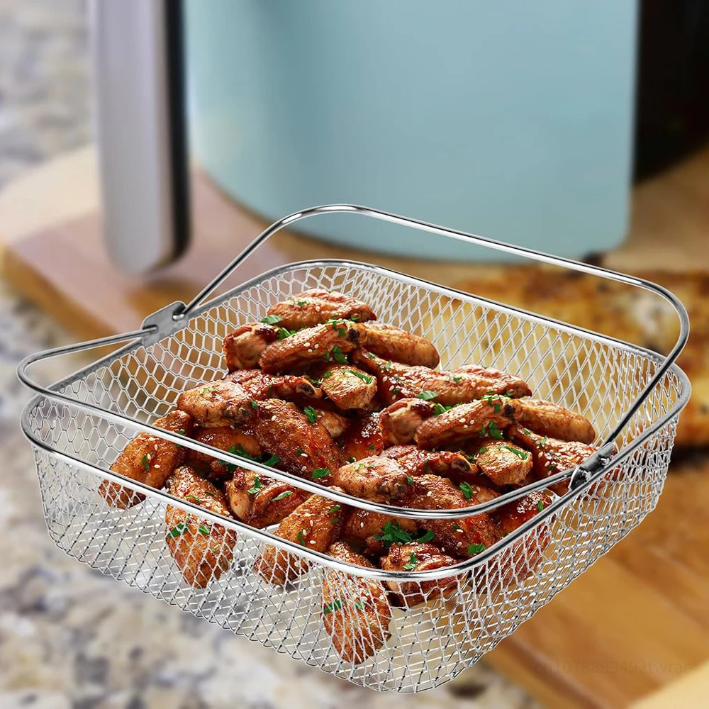 Grill Basket for Veggies 20cm Air Fryer Stainless Steel Square Round Mesh Basket Air Fryer Steamer Basket With Handle Metal Crisper