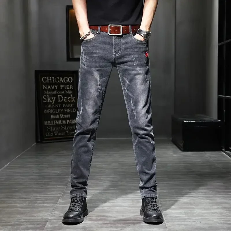 thumbnail image 1 of Pantalones de trabajo ajustados para hombre, pantalones vaqueros negros de invierno para hombre, pantalones ajustados de estilo coreano, moda informal Harajuku, 1 of 5