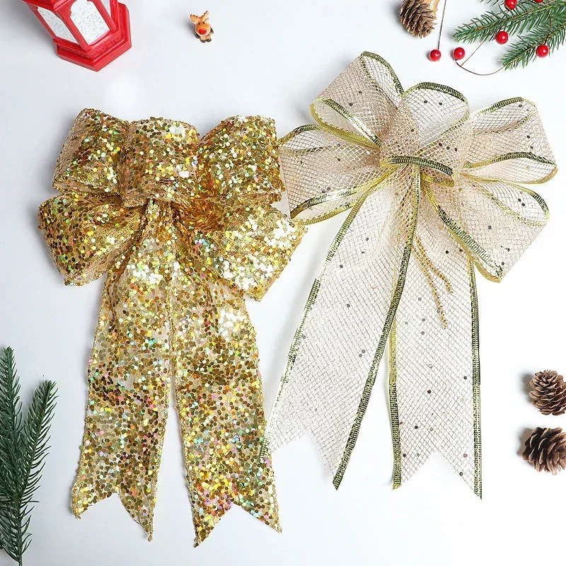Christmas Ribbon Bowknot Gold Silver Color Gauze Christmas Bow Xmas Tree Hanging Pendent New Year Xmas Party Decorations