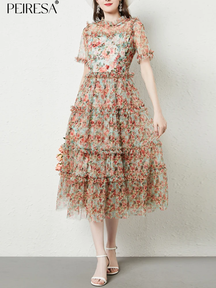 

PEIRESA New Vintage Floral Print Patchwork Mesh Dress Women Ruffles Stand Collar Short Sleeve Slim Waist Midi Dresses Vestidos