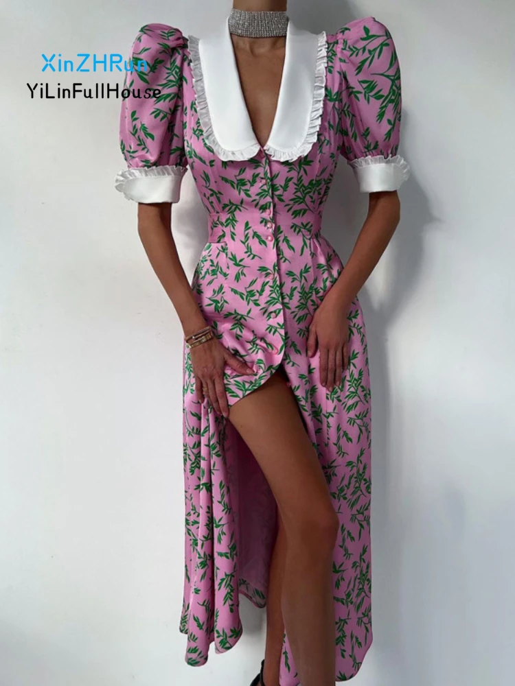 

Summer Women Fashionable Doll Neck Shirt Sleeves Contrast Panel High Waist Slim Fit Single Breasted Short Sleeve Printed Dress